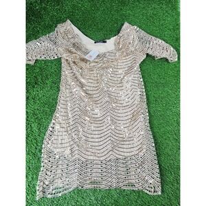 OASAP Dress Womens L Gold Sequin Lace Chevron Shift Short Party Cocktail Mini